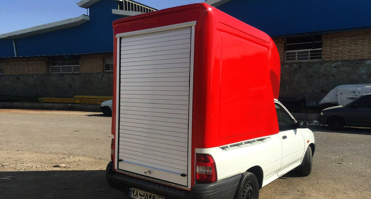 اتاق فایبرگلاس پراید ۱۵۱ وانت ارتفاع از لبه ۱۳۰ سانت از کف خودرو ۱۷۰ سانت درب عقب کرکره