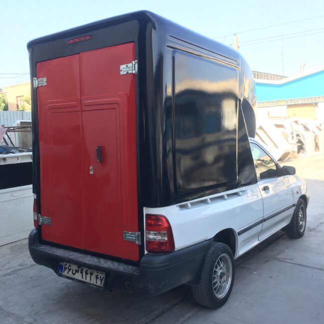 اتاق فایبرگلاس پراید ۱۵۱ وانت ارتفا از لبه ۱۳۰ سانت از کف خودرو ۱۷۰ سانت درب عقب دو لنگه کابین فایبرگلاس نوروزی