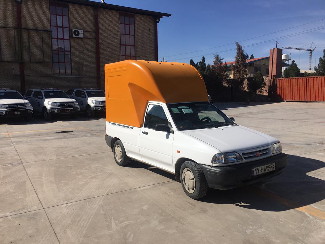 اتاق فایبرگلاس پراید ۱۵۱ وانت ارتفاع از لبه ۱۳۰ سانت از کف خودرو ۱۷۰ سانت درب عقب کرکره کابین فایبرگلاس نوروزی